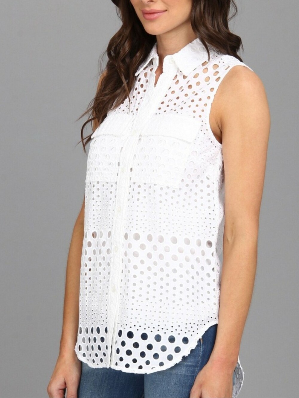 Michael Kors White Eyelet Sleeveless Button-Up Tank